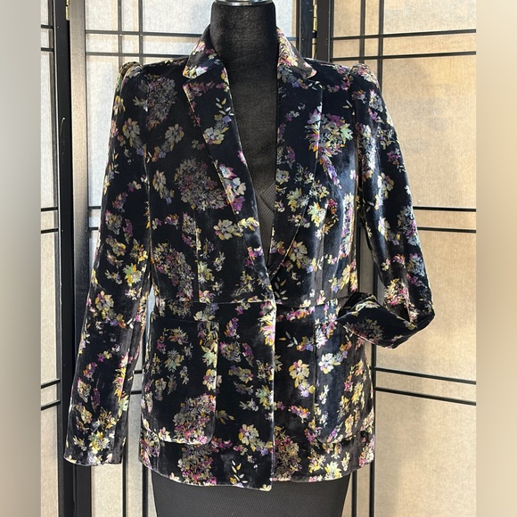 Rebecca Taylor Jewel Floral Print Velvet Blazer Size 4 Pockets Pleated shoulder